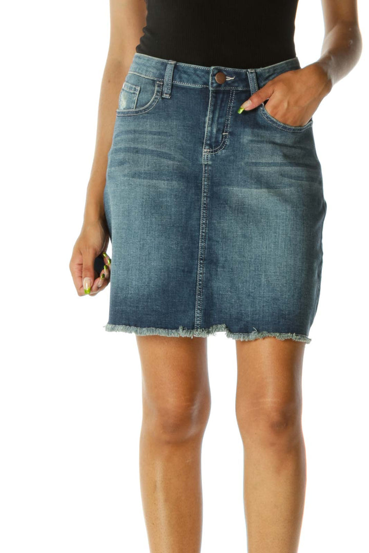 Blue Medium Wash Raw Hem Stretch Thin Denim Skirt