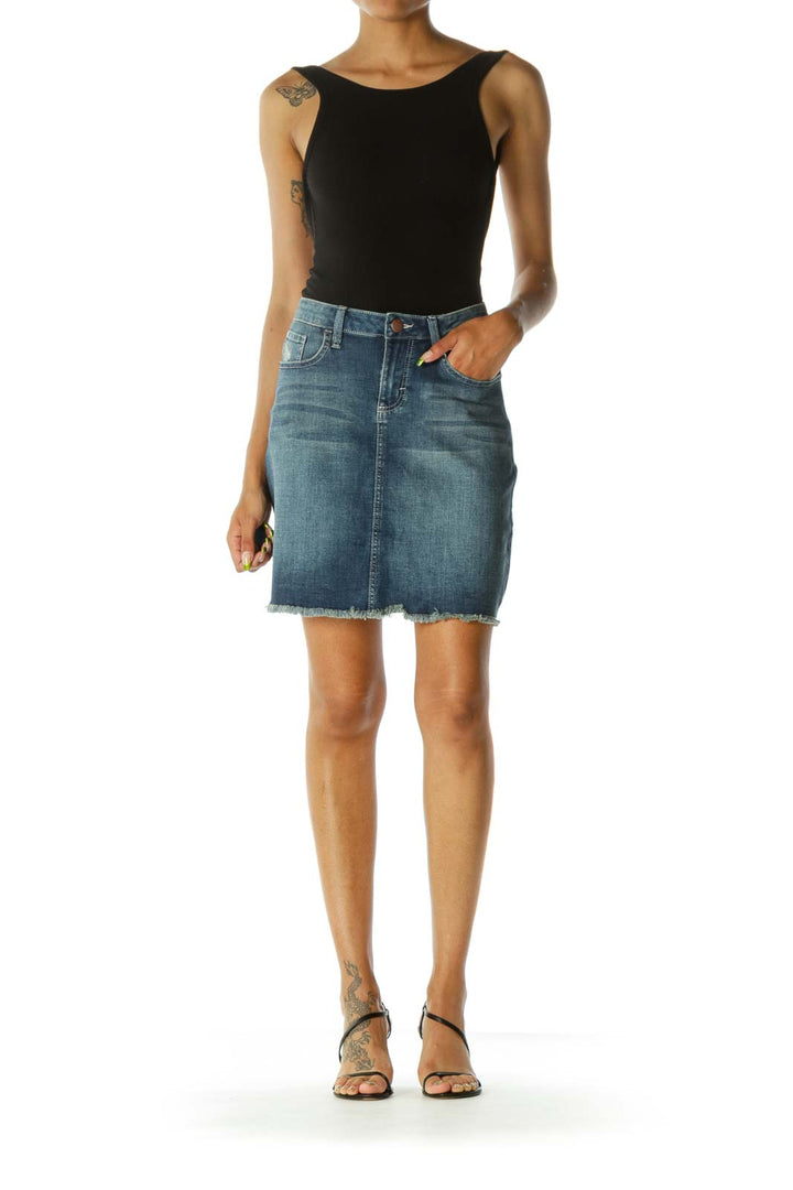 Blue Medium Wash Raw Hem Stretch Thin Denim Skirt