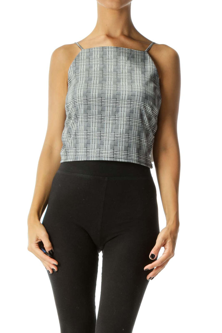 Gray Black & White Plaid Spaghetti-Strap High-Neck Crop-Top