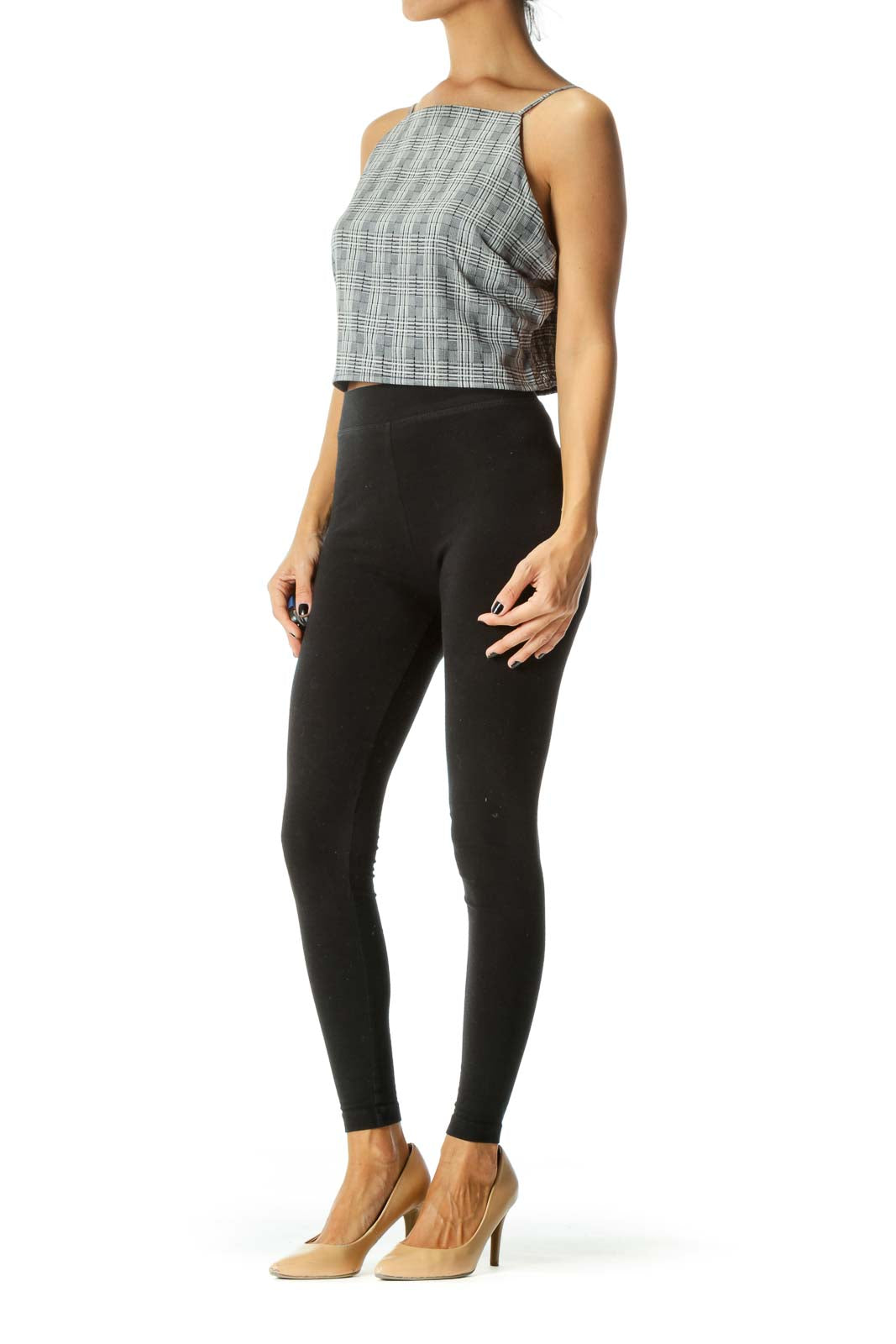 Gray Black & White Plaid Spaghetti-Strap High-Neck Crop-Top