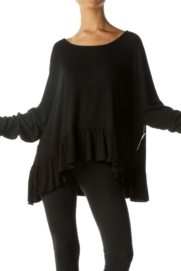 Black Long-Sleeve Peplum Raw-Hem Long-Sleeve Knit-Top