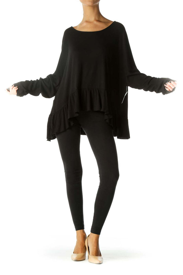 Black Long-Sleeve Peplum Raw-Hem Long-Sleeve Knit-Top