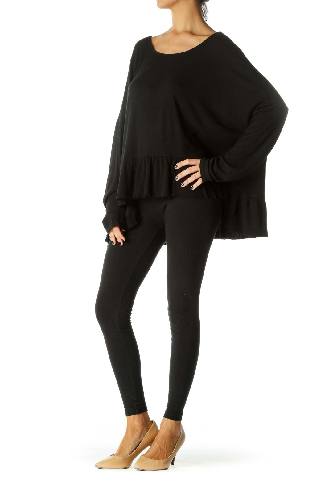 Black Long-Sleeve Peplum Raw-Hem Long-Sleeve Knit-Top