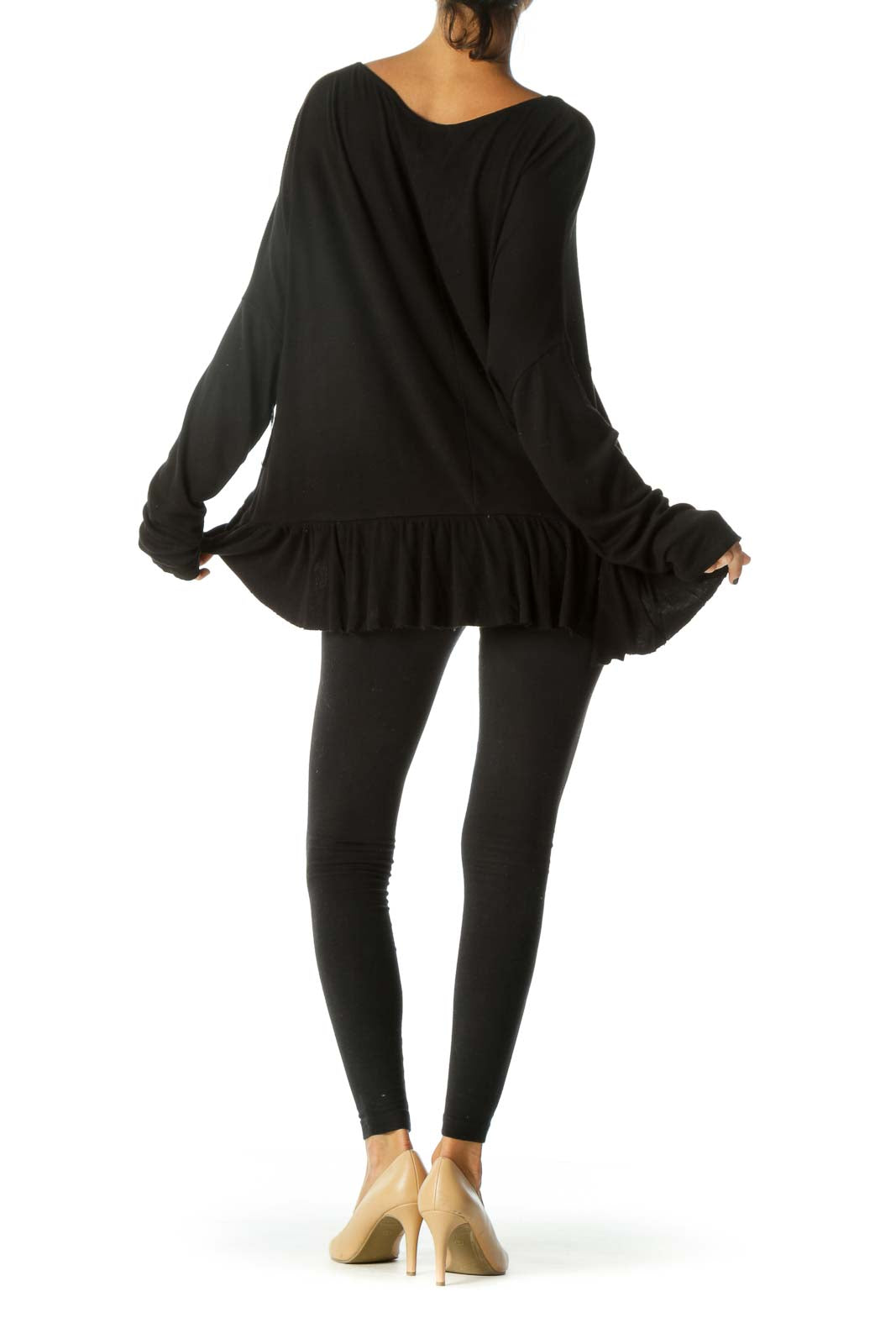 Black Long-Sleeve Peplum Raw-Hem Long-Sleeve Knit-Top