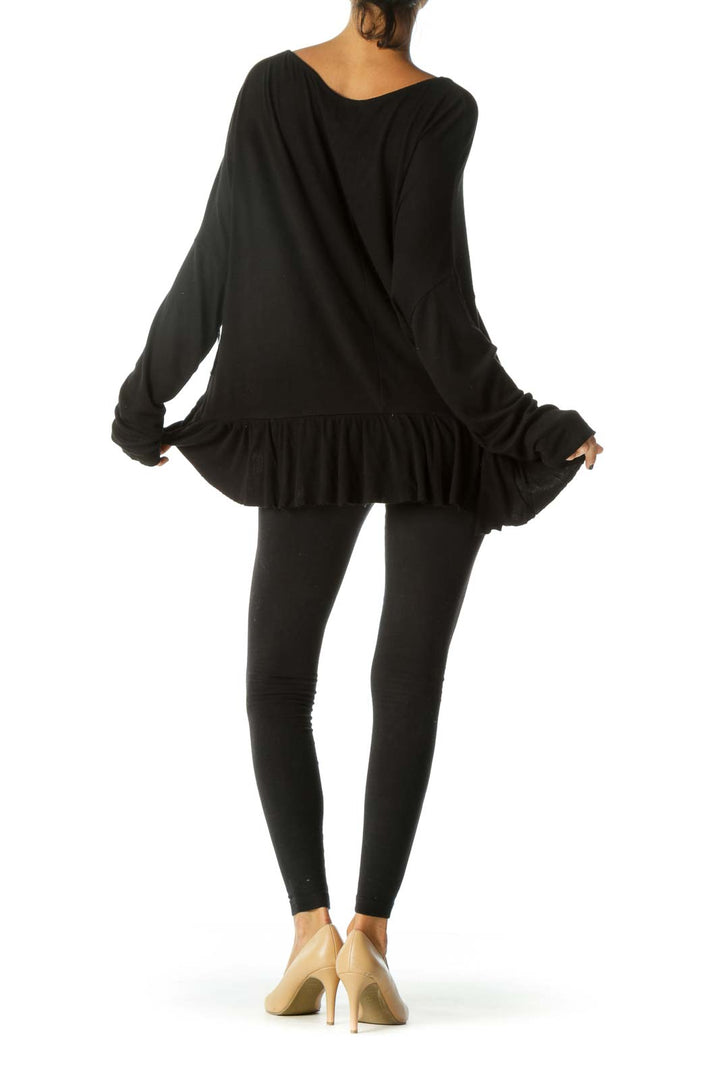 Black Long-Sleeve Peplum Raw-Hem Long-Sleeve Knit-Top