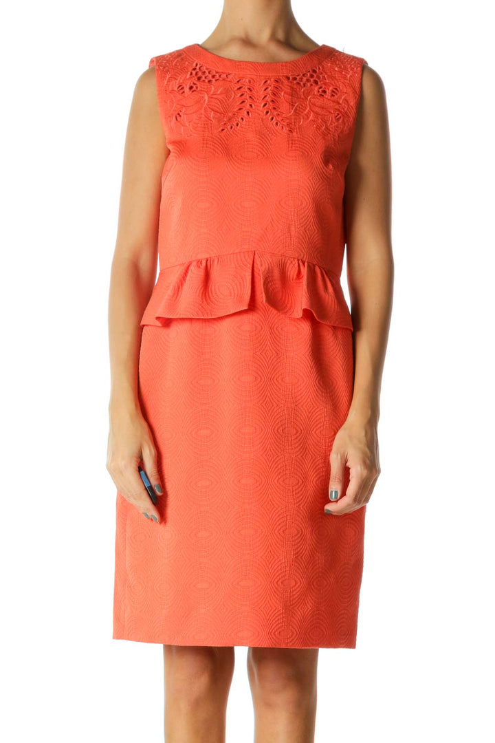 Orange Eyelet Textured Pattern A-Line Knit Dress