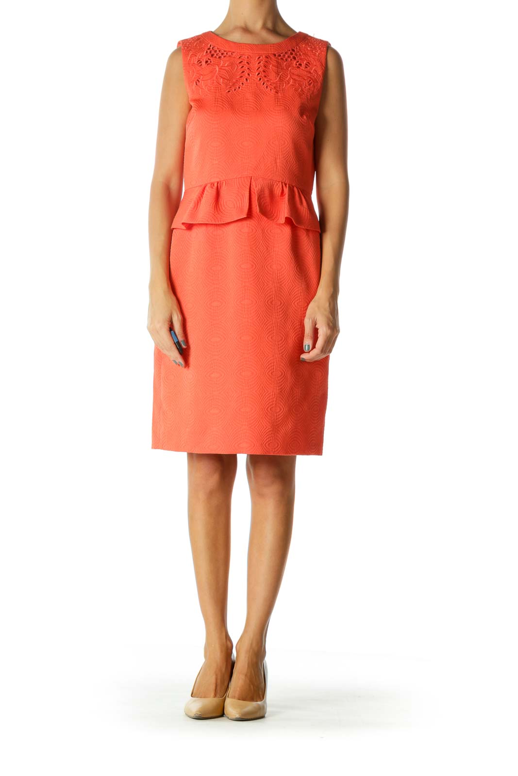 Orange Eyelet Textured Pattern A-Line Knit Dress