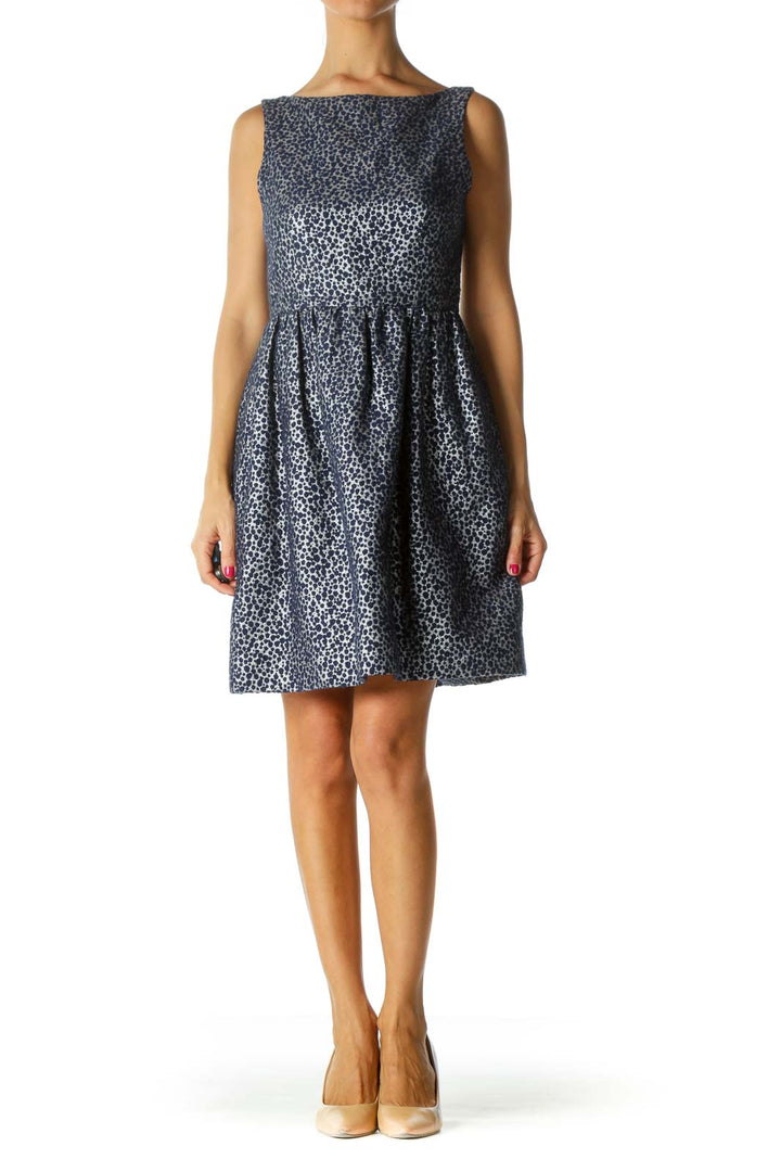 Blue Silver Textured Cinched Waist Dress