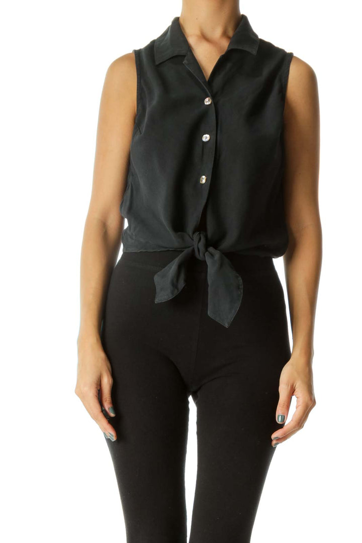 Washed Black 100% Silk Knit Buttoned Knot Cropped Top