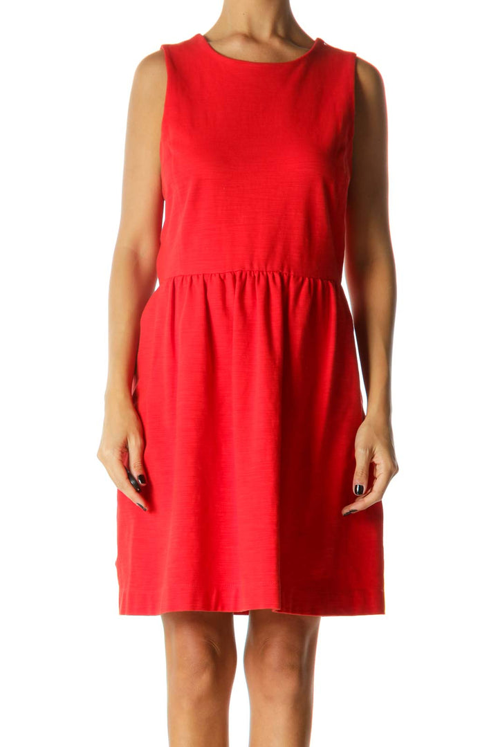 Red Round Neck Textured Stretch Flared Dress