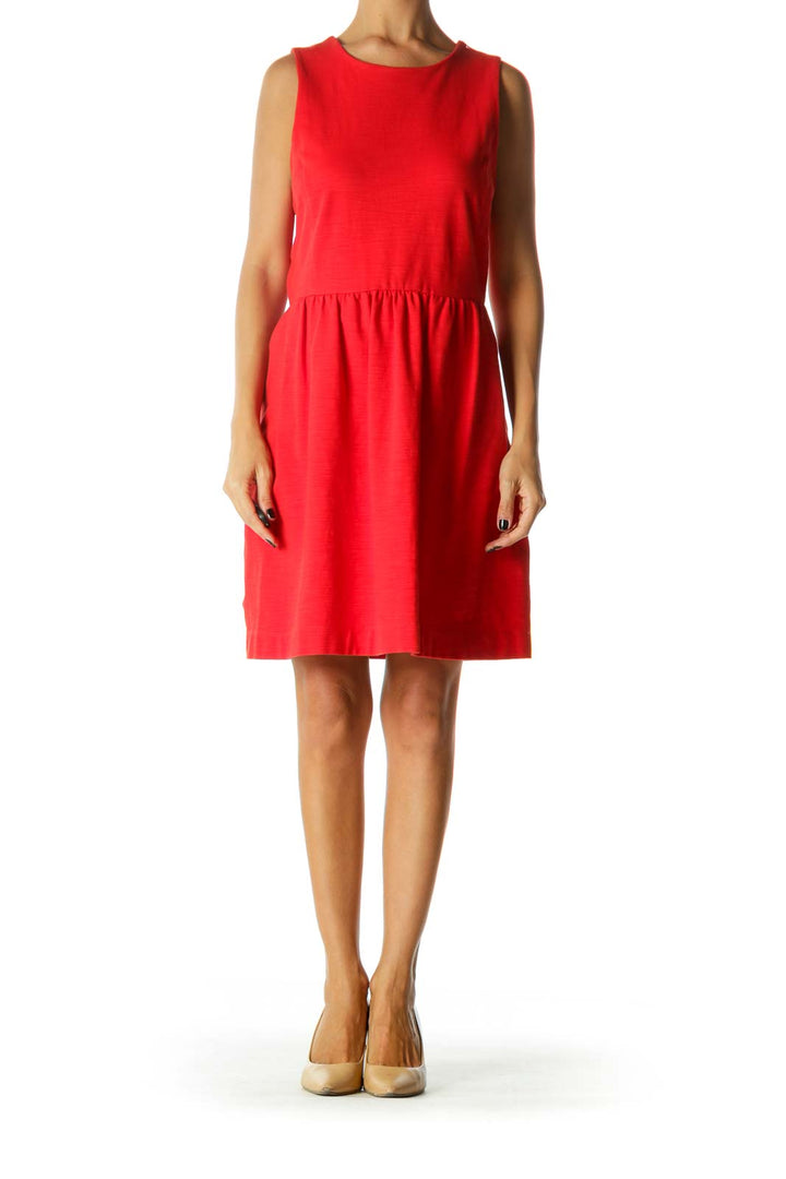 Red Round Neck Textured Stretch Flared Dress