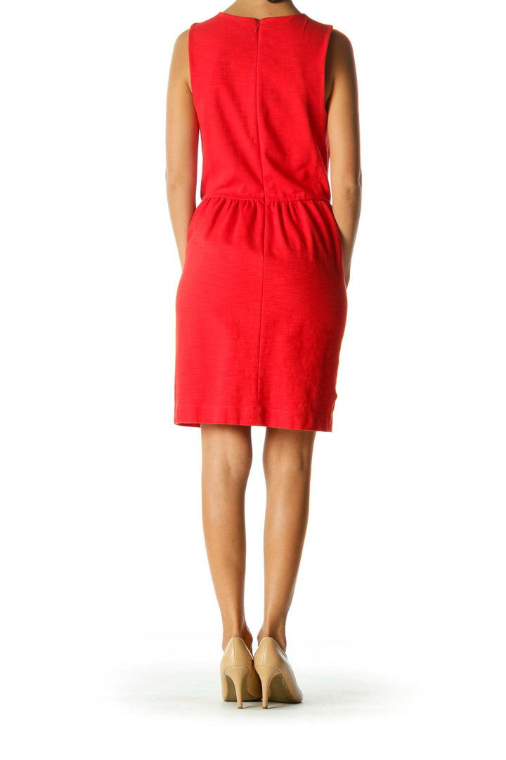 Red Round Neck Textured Stretch Flared Dress