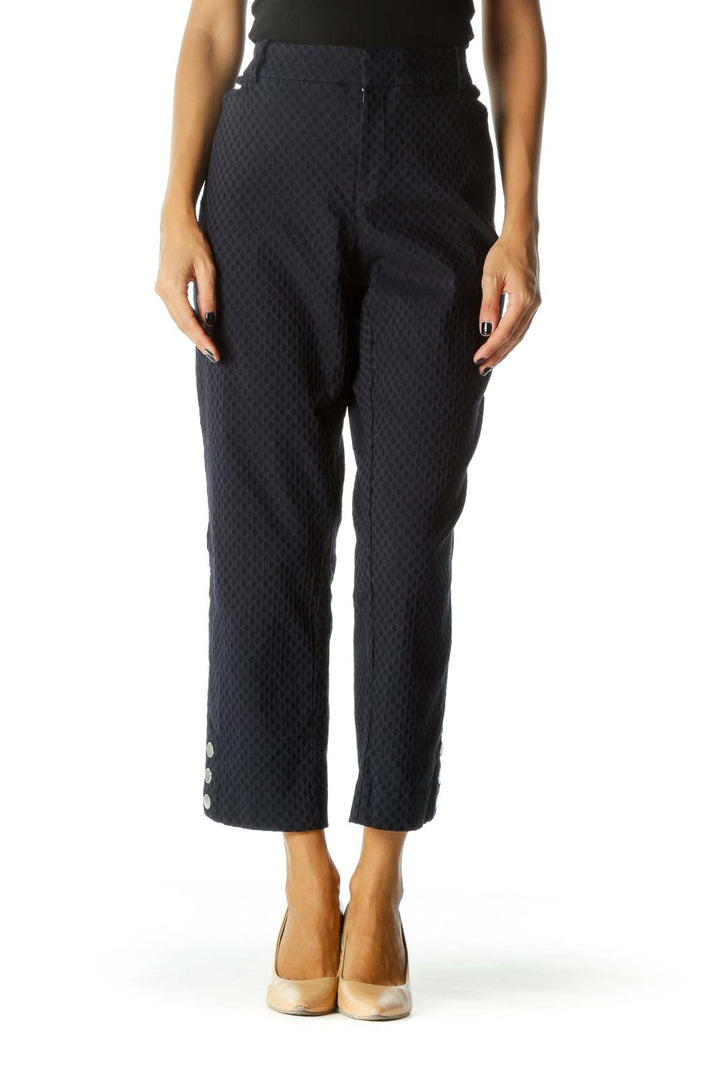 Navy Blue Textured Ankle Buttons Tapered Pants