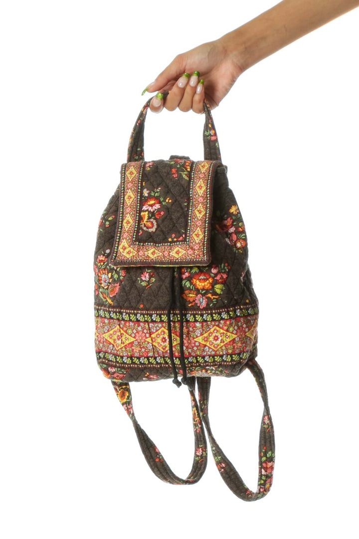 Brown Black Red Yellow Floral Print Quilted Backpack