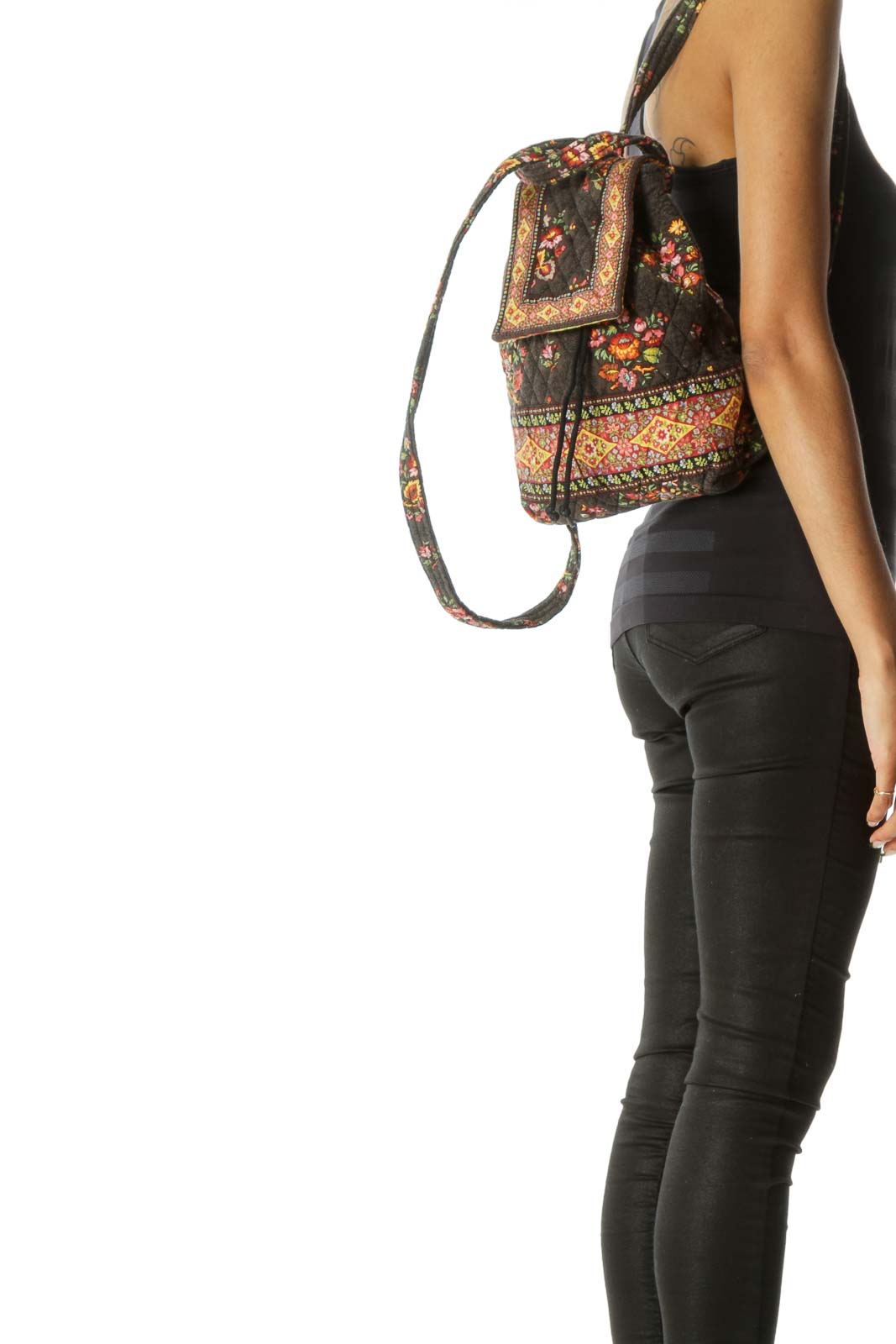 Brown Black Red Yellow Floral Print Quilted Backpack