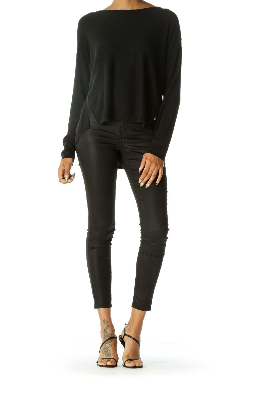 Black Hi-Lo Thermal-Sleeve Sweater