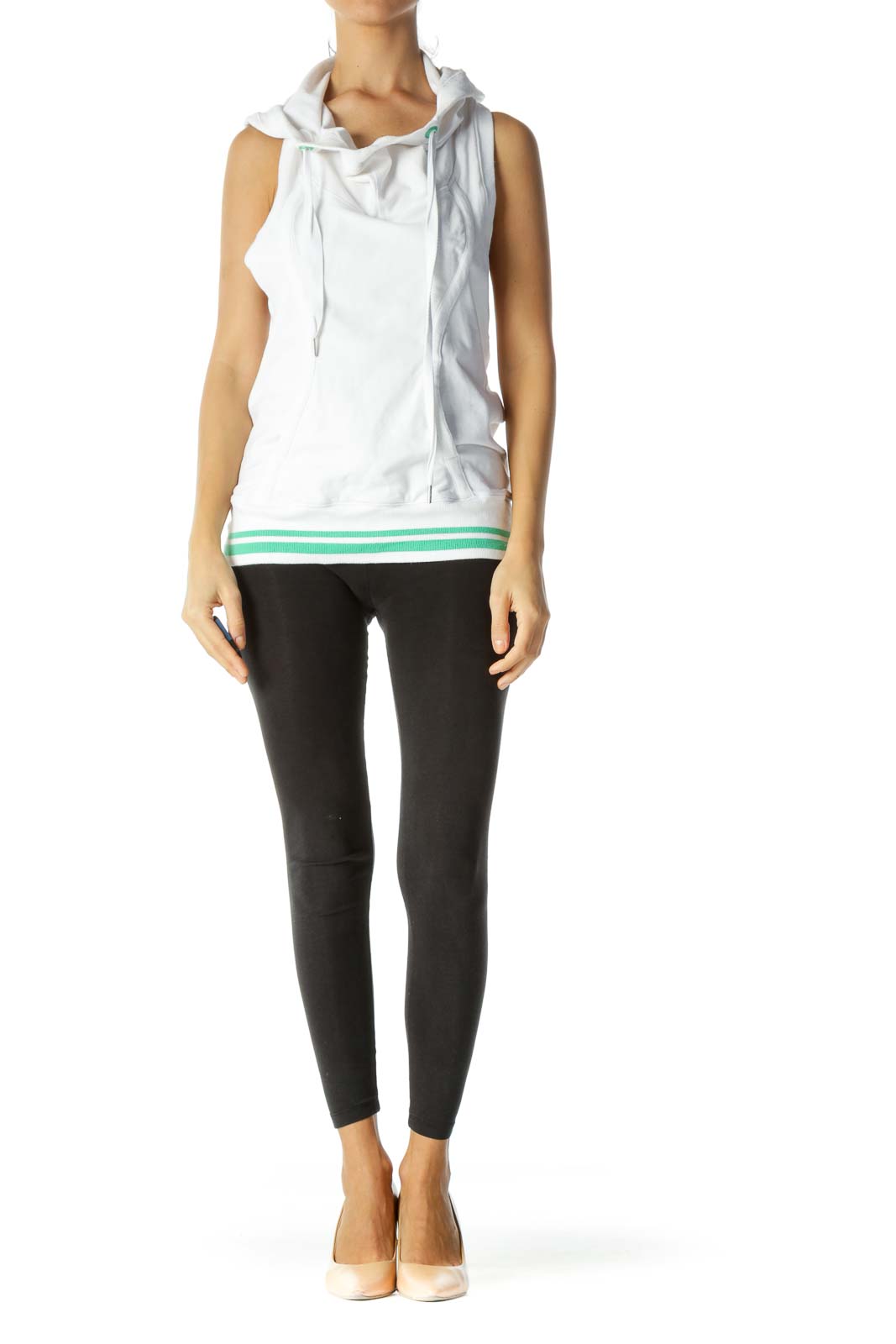 White Green Details Hooded Sweat Sleeveless Active Vest