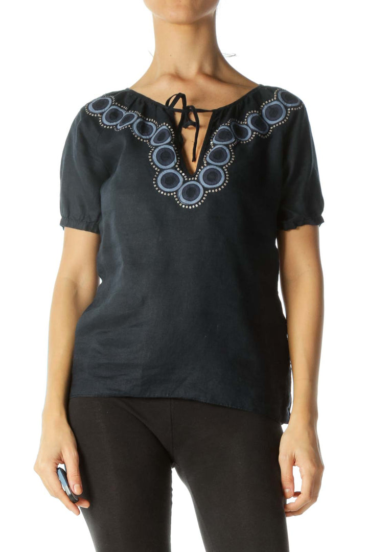 Navy Blue Linen Embroidered Top