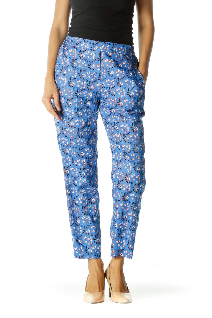 Blue Floral Print Elastic Waist Pant