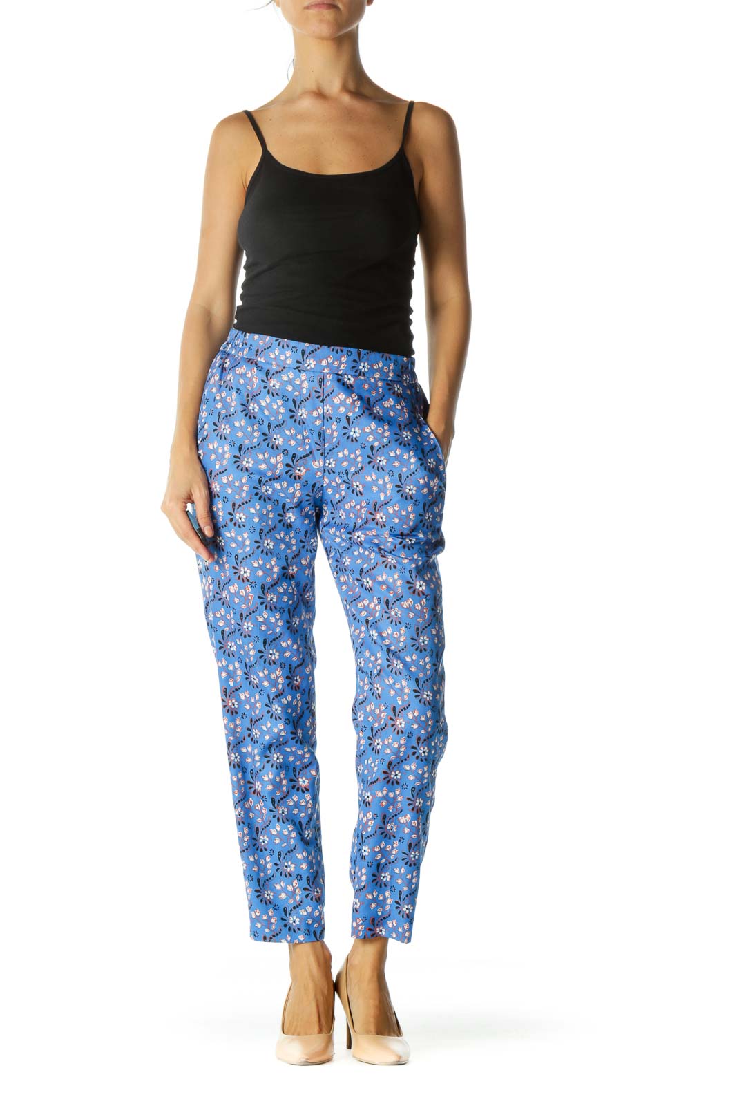 Blue Floral Print Elastic Waist Pant