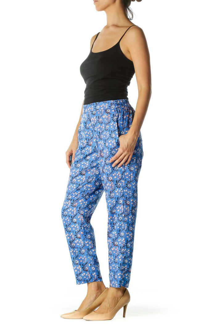 Blue Floral Print Elastic Waist Pant