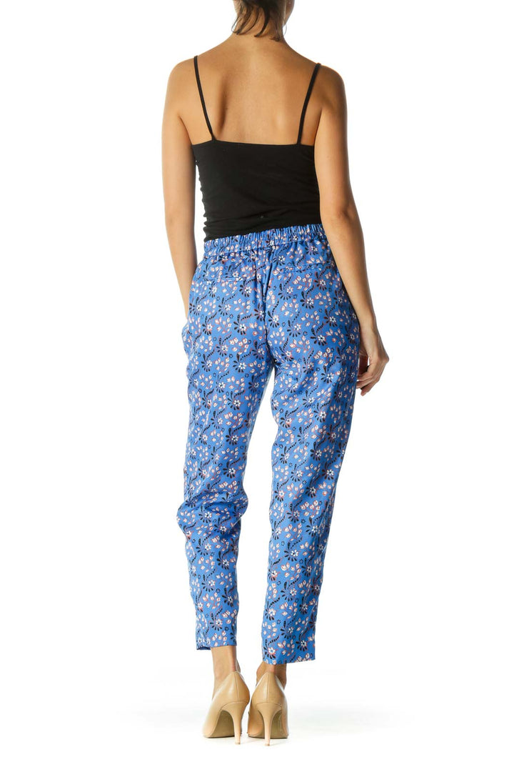 Blue Floral Print Elastic Waist Pant