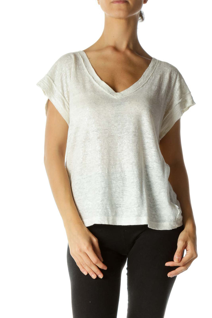 Cream Silver 100% Linen Deep V-Neck Short Sleeve Top