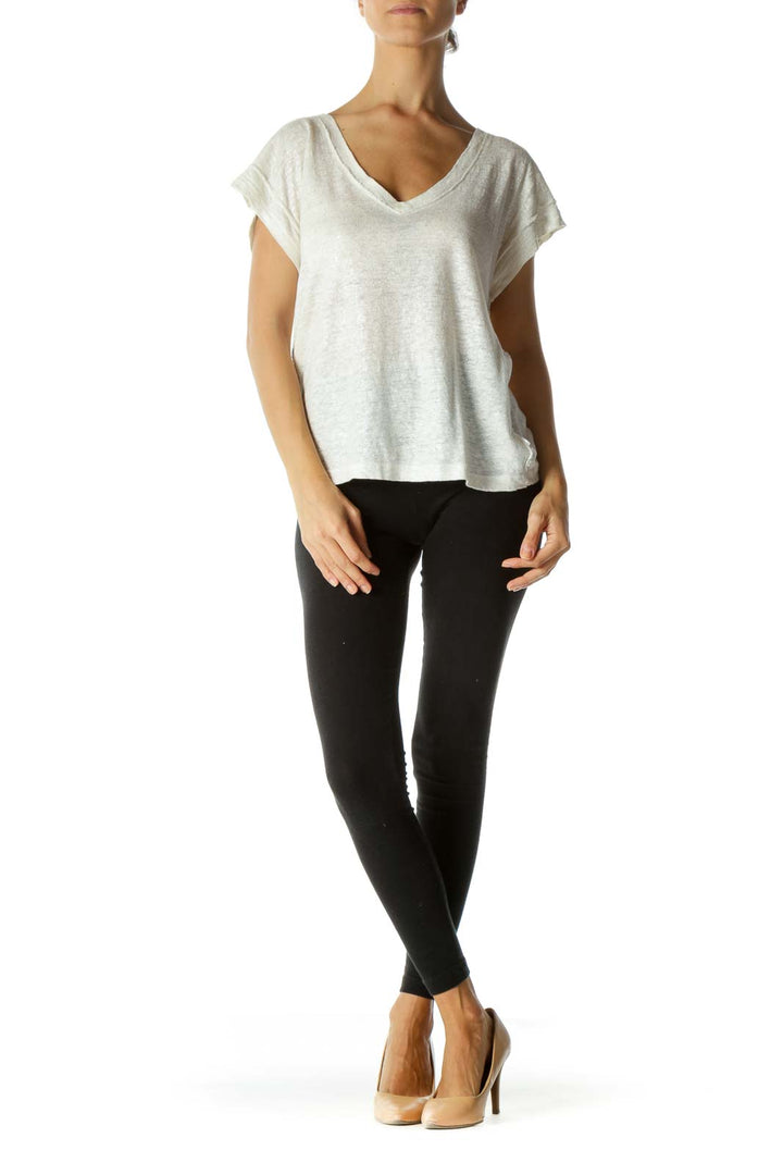 Cream Silver 100% Linen Deep V-Neck Short Sleeve Top