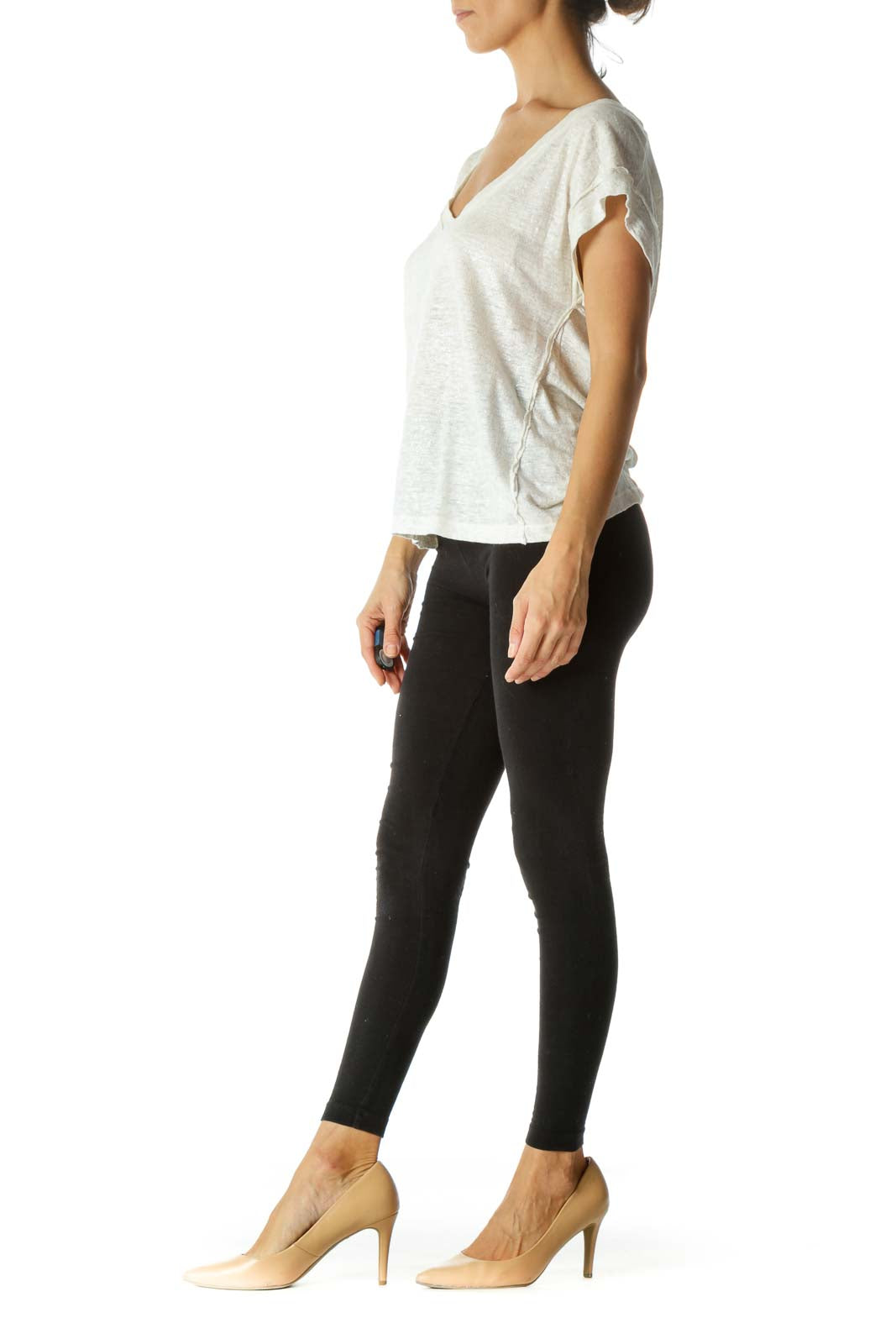 Cream Silver 100% Linen Deep V-Neck Short Sleeve Top