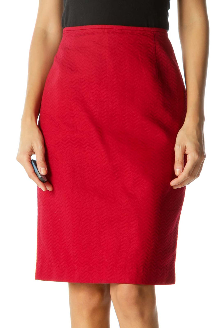 Red Textured Cinched Waist Slitted Pencil Skirt