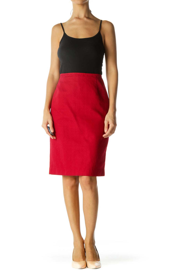 Red Textured Cinched Waist Slitted Pencil Skirt