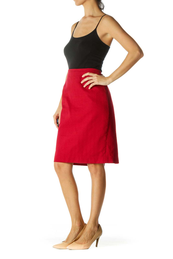 Red Textured Cinched Waist Slitted Pencil Skirt