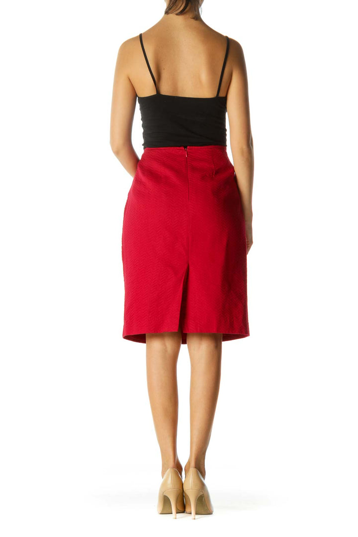 Red Textured Cinched Waist Slitted Pencil Skirt