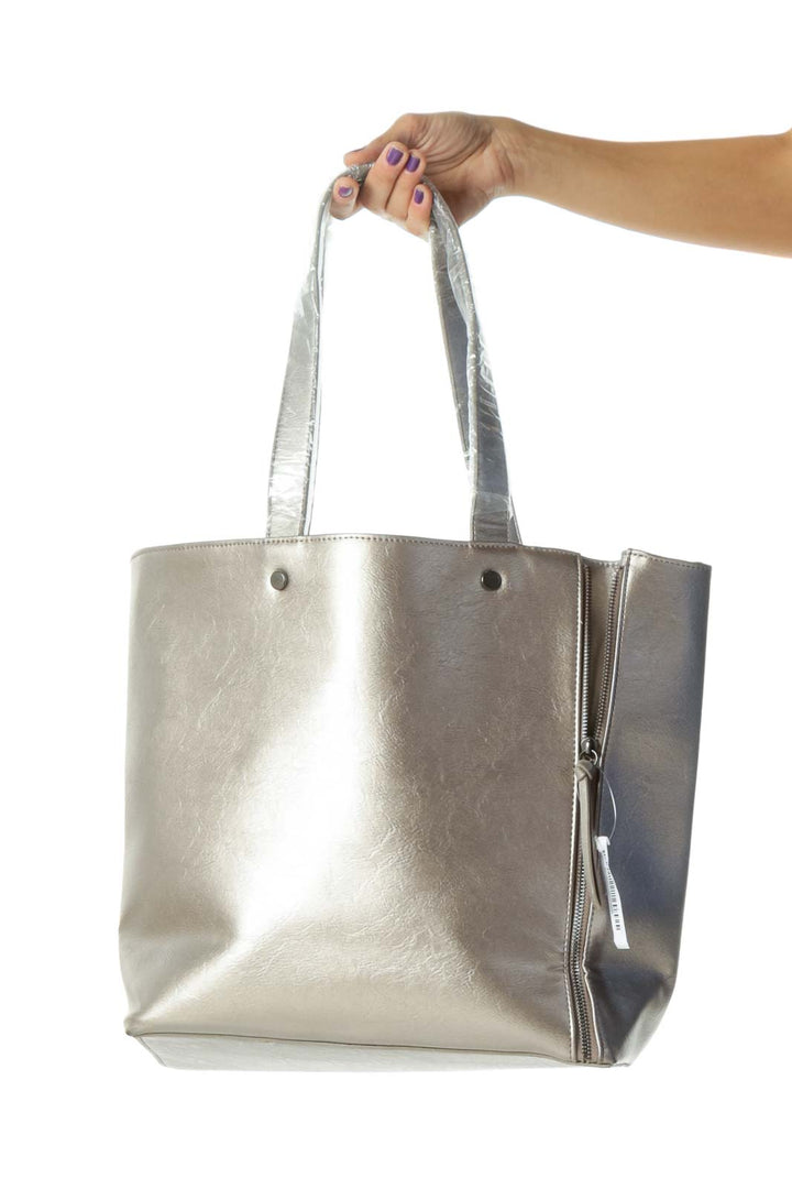 Silver Gray Open Zippers and Tassels Details Open Tote