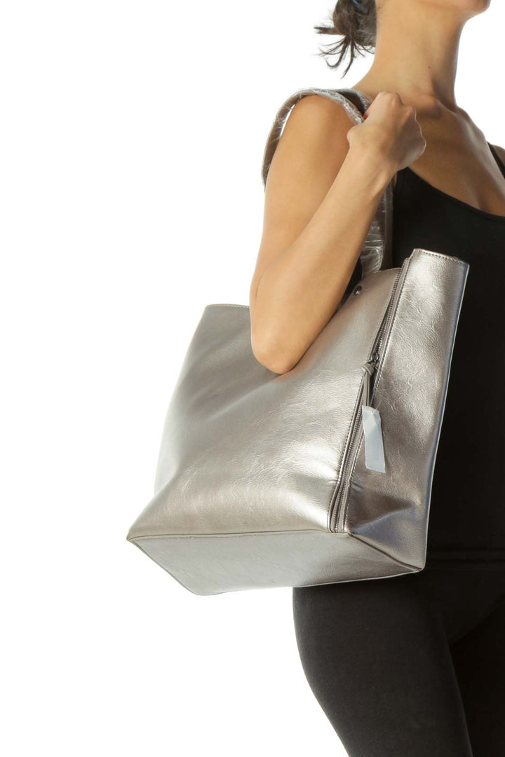 Silver Gray Open Zippers and Tassels Details Open Tote