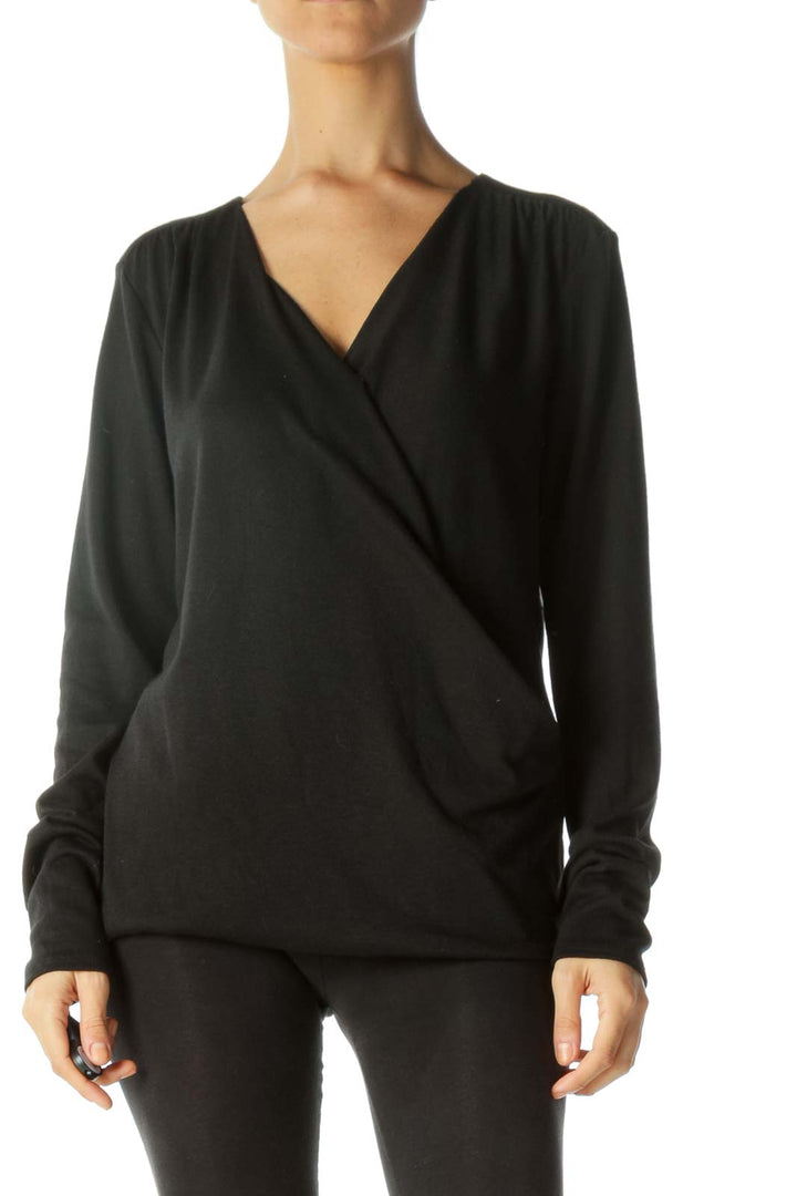 Black One Small Snap Button Surplice Long Sleeve Knit Top