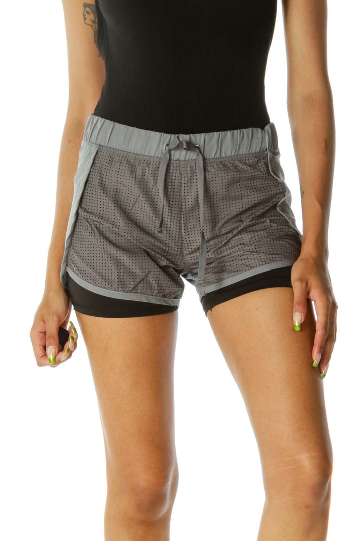 Gray Black Inside-Shorts Cut-Out Mesh Front Shorts