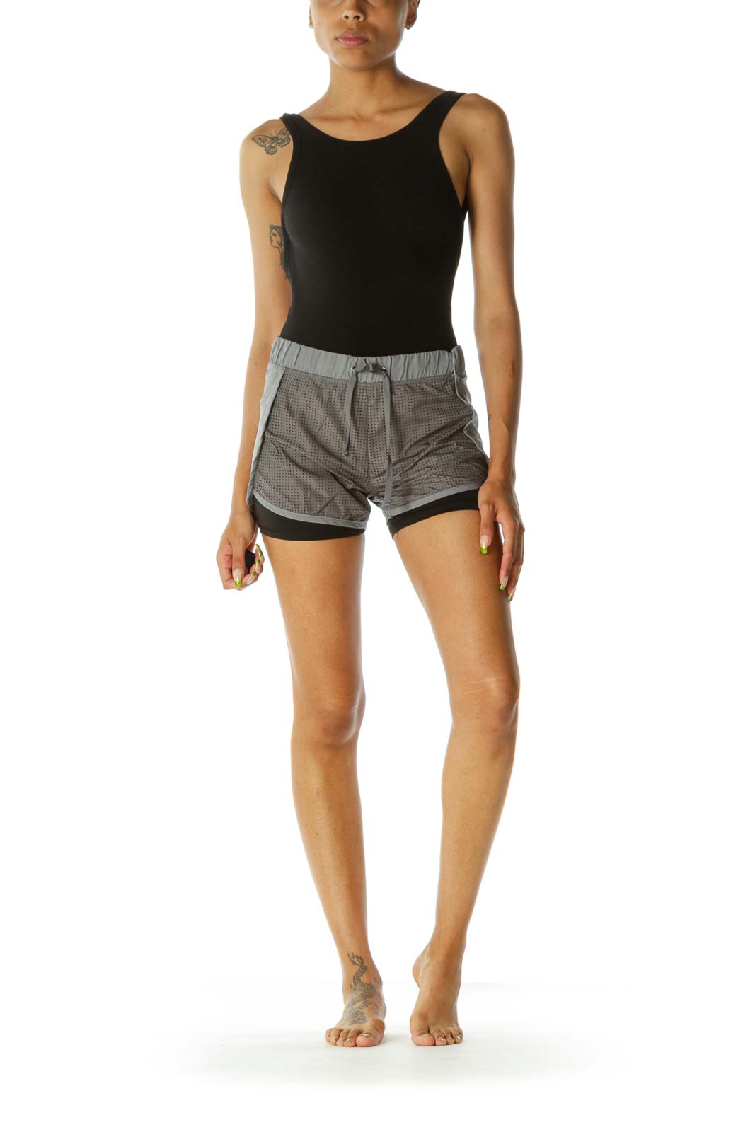 Gray Black Inside-Shorts Cut-Out Mesh Front Shorts