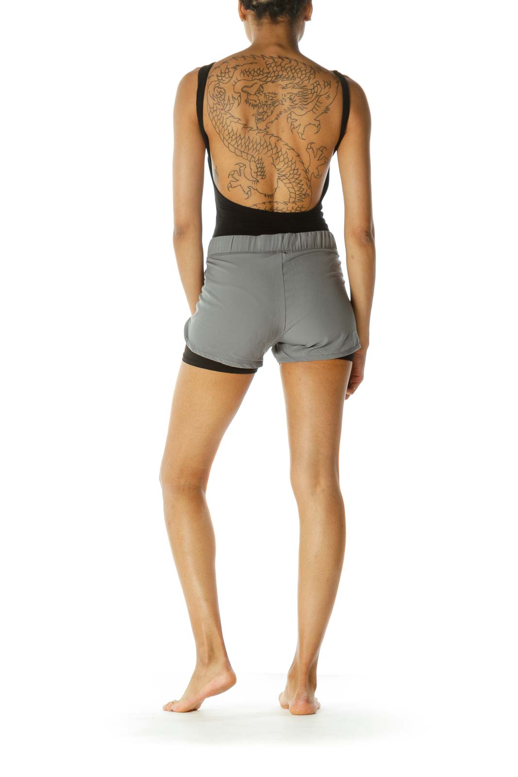 Gray Black Inside-Shorts Cut-Out Mesh Front Shorts