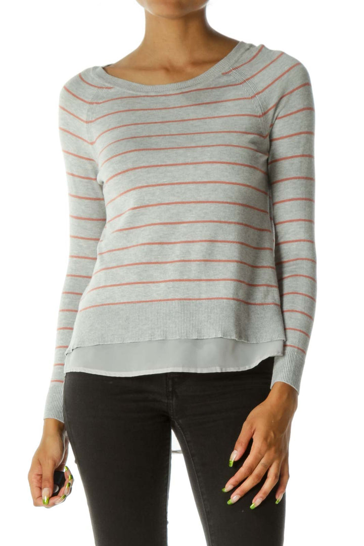 Gray&Orange Stripe Layer Knit Top