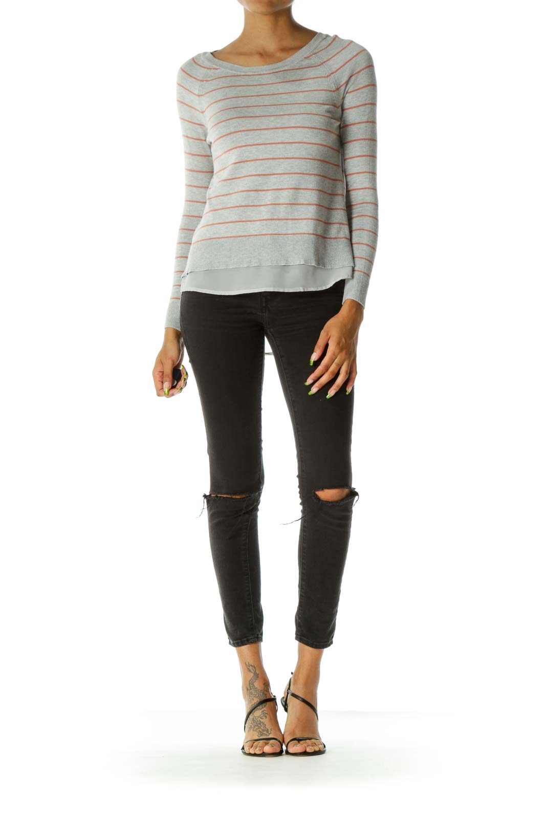 Gray&Orange Stripe Layer Knit Top