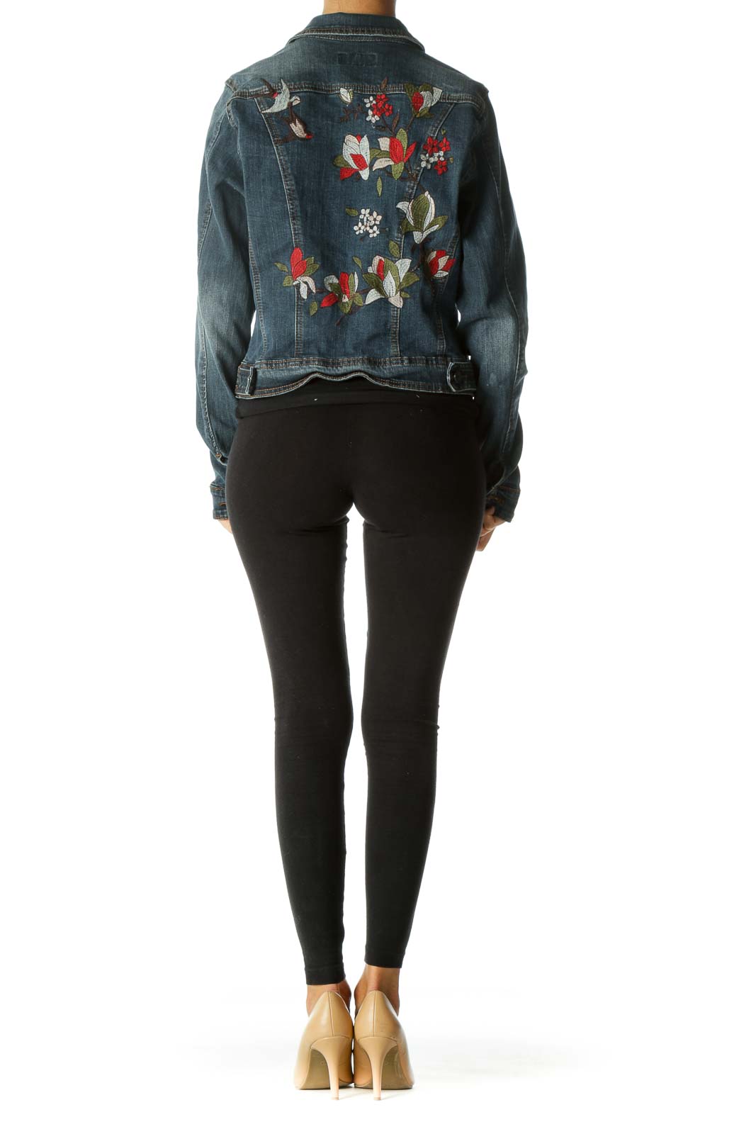 Blue Medium Wash Multicolored Floral Embroidery Denim Jacket