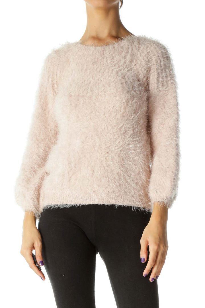 Pink Fluffy Soft Texture Long Sleeve Knit Sweater