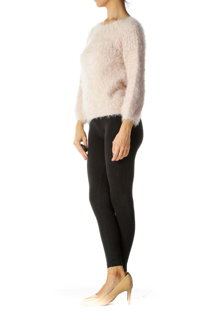 Pink Fluffy Soft Texture Long Sleeve Knit Sweater