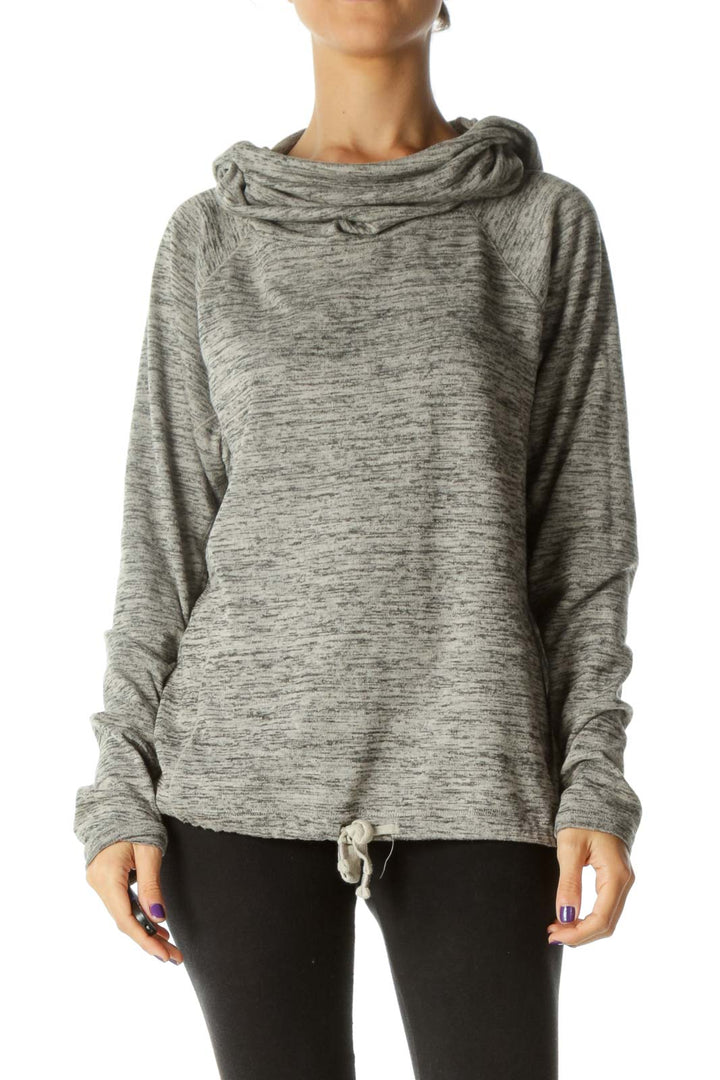 Gray Mottled Hooded Cowl Neck Drawstring Detail Active Jacket