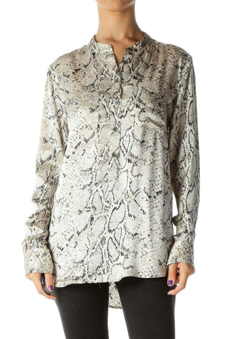 Beige Black 100% Silk Snake Print Long Sleeve Blouse