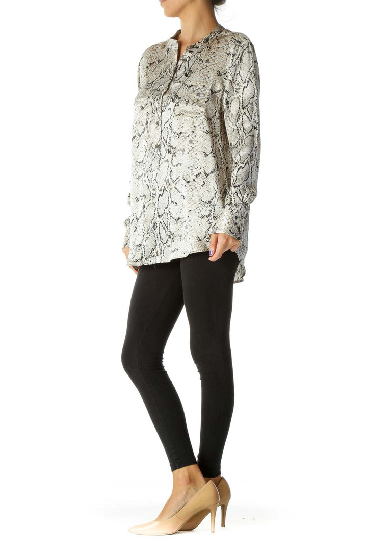 Beige Black 100% Silk Snake Print Long Sleeve Blouse