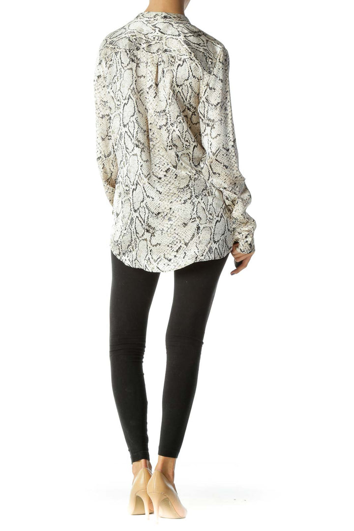 Beige Black 100% Silk Snake Print Long Sleeve Blouse