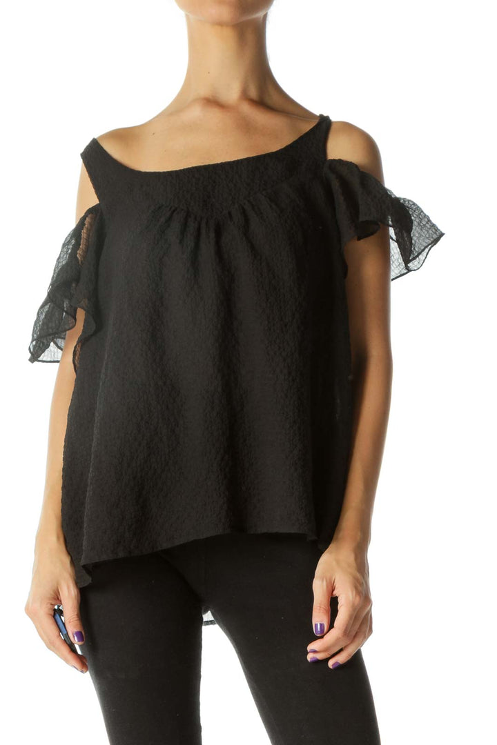 Black Round Neck Cold-Shoulder Flared Textured Top