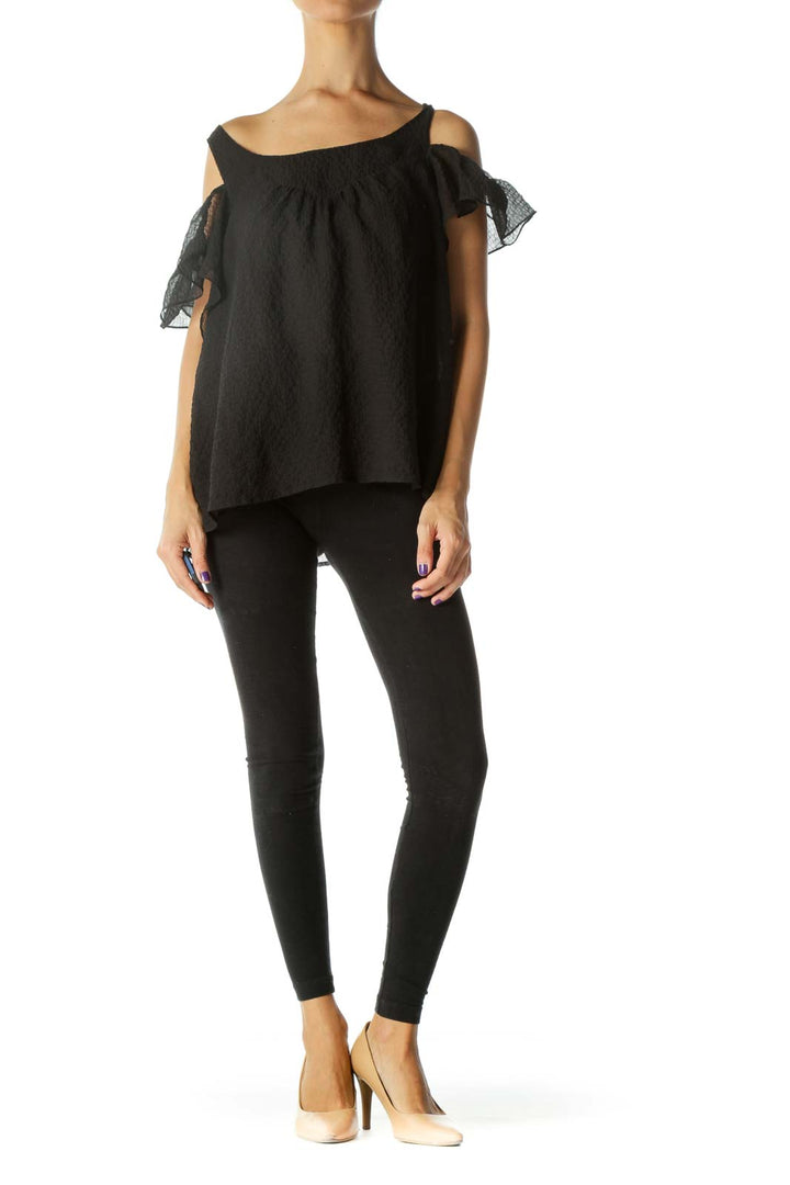 Black Round Neck Cold-Shoulder Flared Textured Top